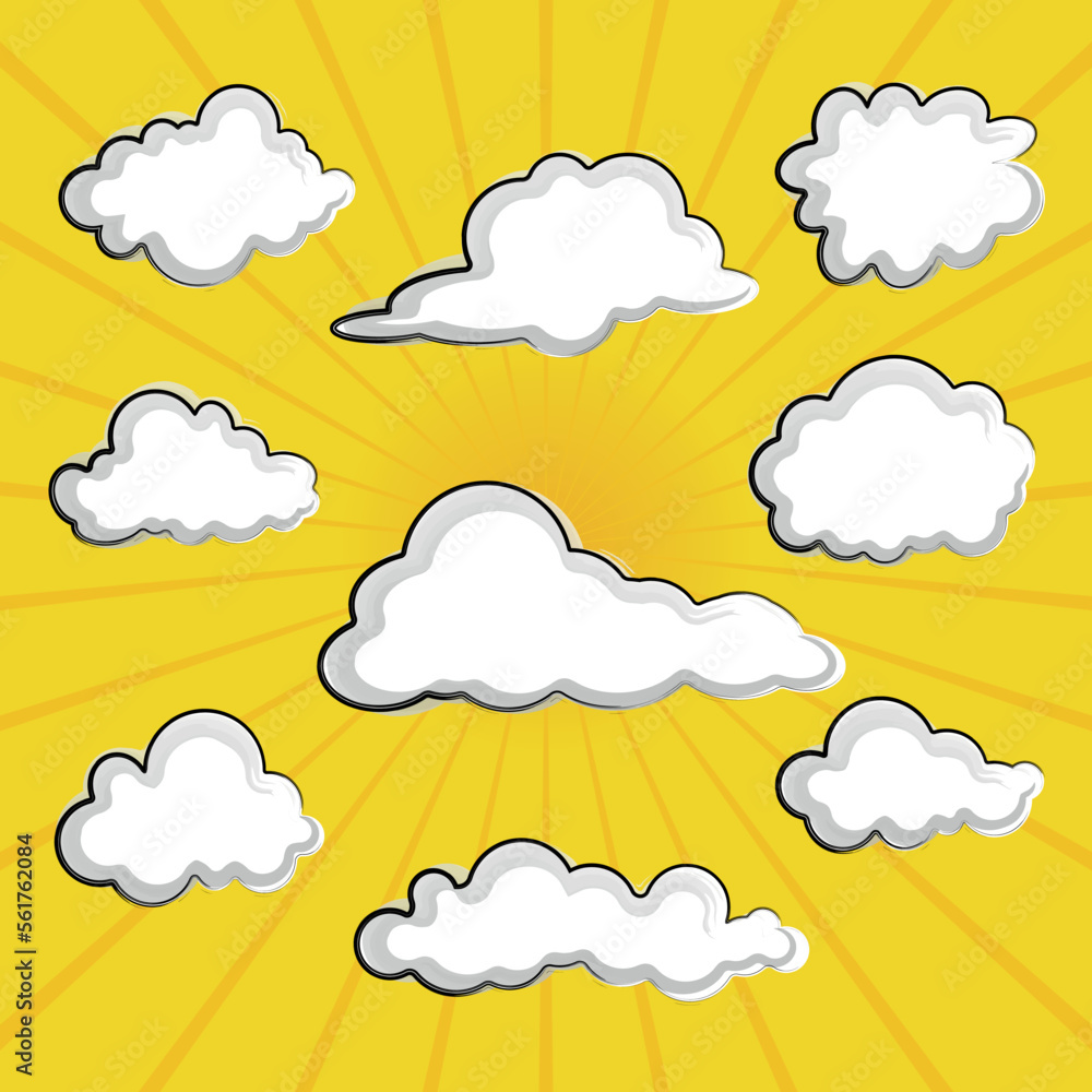 Sky with sun and white cartoon cloud set. Vector illustration. Sky with sun and white cartoon cloud set. Vector illustration.