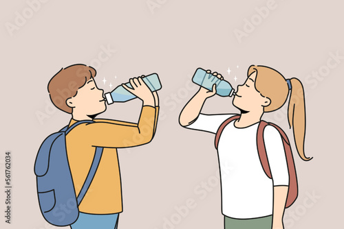 Small children with backpacks drinking fresh water from plastic bottles. Happy kids suffer from thirst enjoy clear aqua for hydration. Vector illustration. 