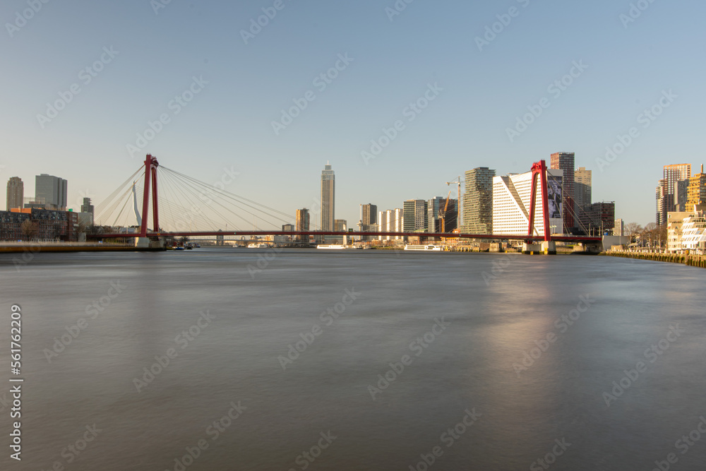 The Willemsbrug over the Nieuwe Maas in the center of Rotterdam with a slow shutter speed