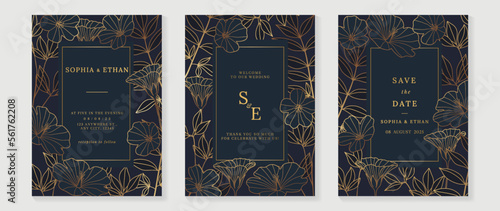 Luxury wedding invitation card background vector. Gradient gold texture botanical flower leaf branch line art template background. Design illustration for wedding and vip cover template, banner.