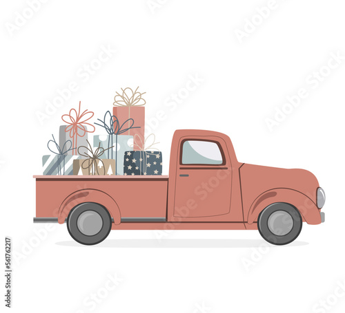 Cute retro pickup track delivering gifts. Special car delivery. Valentine's day, birthday or wedding concept. Love, Romantic vector illustration in flat cartoon style
