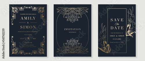 Luxury wedding invitation card background vector. Golden texture botanical flower leaf branch line art with geometric frame template. Design illustration for wedding and vip cover template, banner.