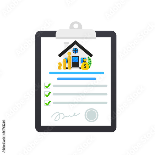 Real estate document concept. Real estate agent. Template for selling, renting a house. Profit concept. A document with a signature and seal. Business concept. Vector illustration