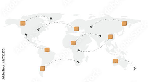 Aviation Shipping goods around the world. World travel map with airplanes, flight routes and pins marker. Vector illustration
