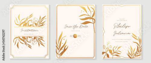 Luxury wedding invitation card background vector. Golden texture botanical floral leaf branch with geometric frame line art template. Design illustration for wedding and vip cover template, banner.