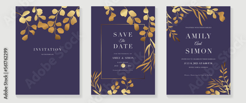 Luxury wedding invitation card background vector. Golden texture botanical floral leaf branch with geometric frame line art template. Design illustration for wedding and vip cover template, banner.