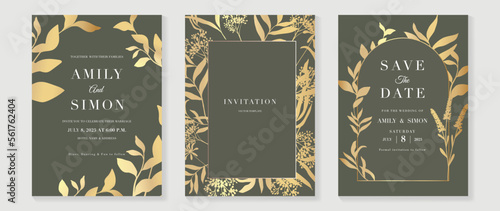 Luxury wedding invitation card background vector. Golden texture botanical floral leaf branch with geometric frame line art template. Design illustration for wedding and vip cover template, banner.