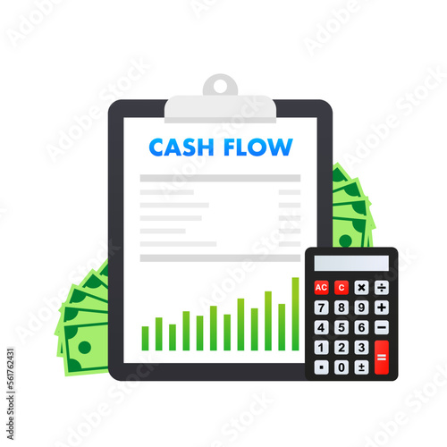 Statement of Cash Flows. Clipboard with financial report. Modern flat design graphic elements. Banknote calculator. Financial statement document. Finance and business concept. Vector illustration