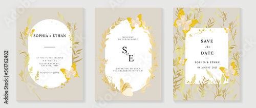 Luxury wedding invitation card background vector. Golden texture botanical leaf branch and butterfly with geometric frame template. Design illustration for wedding and vip cover template, banner.