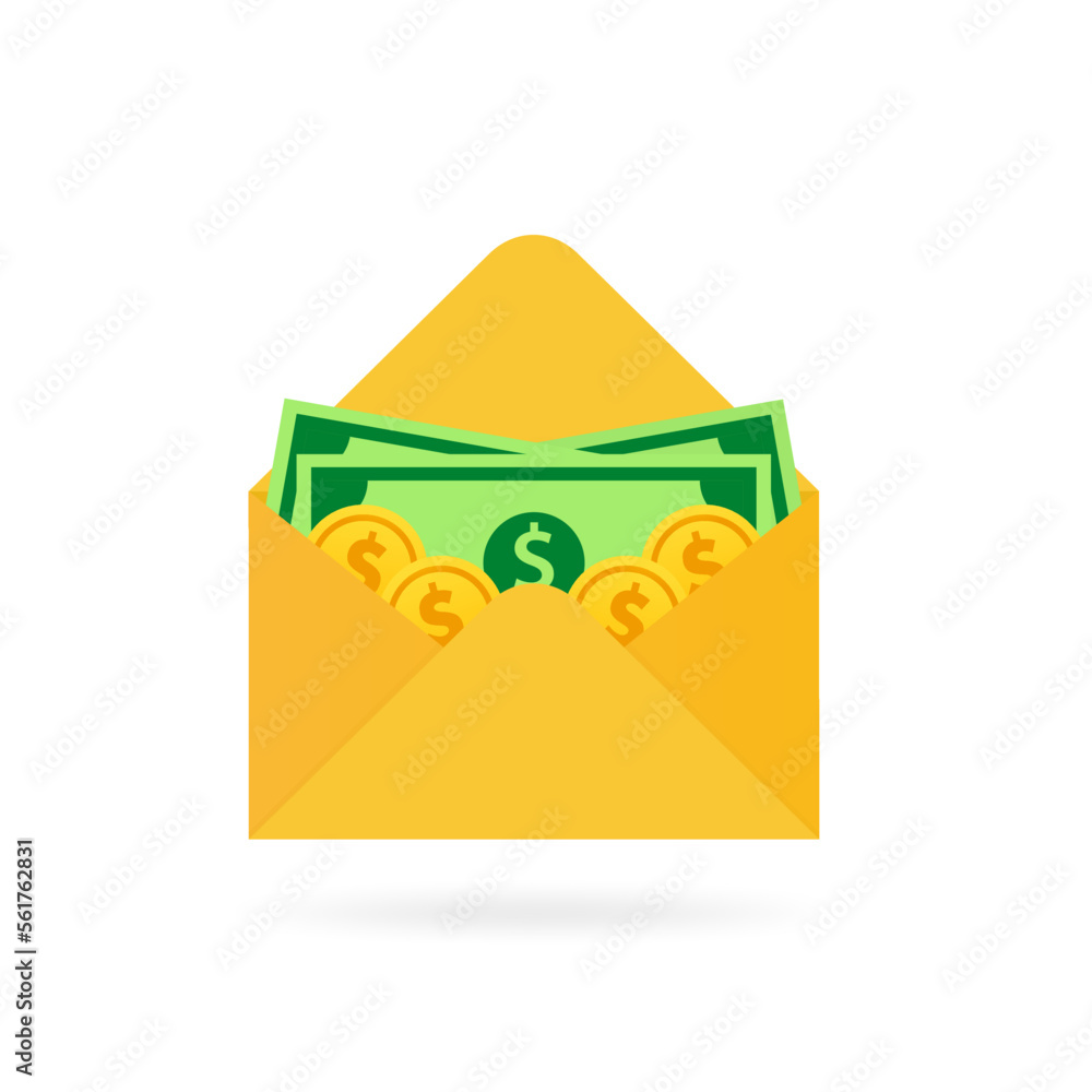 Money dollars in a yellow envelope. Sending money by mail, sending money online. Isolation icon on white background. notification of receipt of money. A financial gift. Cash icon. Vector illustration Money dollars in a yellow envelope. Sending money by mail, sending money online. Isolation icon on white background. notification of receipt of money. A financial gift. Cash icon. Vector illustration