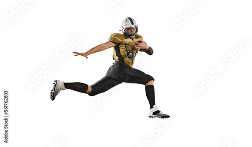 Holding ball and running. Man, american football player in motion, training over white studio background. Concept of sport, competition