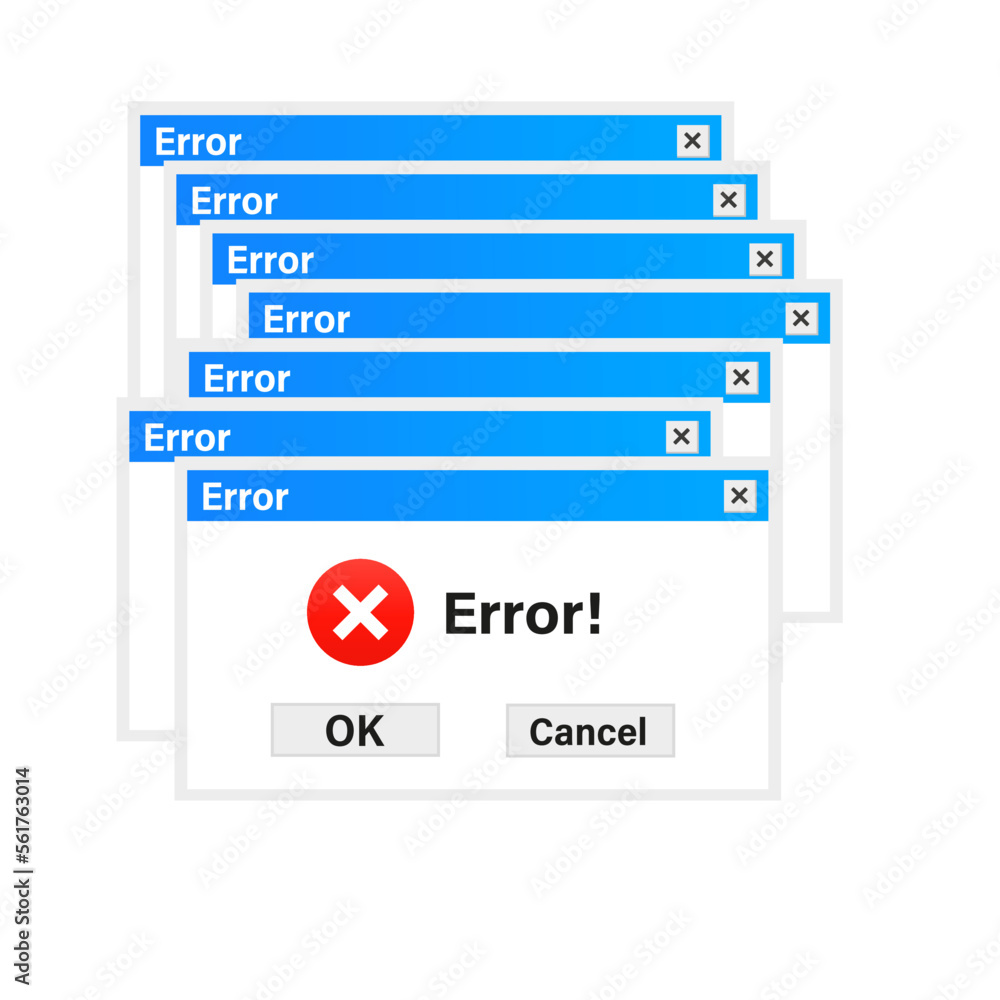 Creative of operating system message template, error window isolated on transparent background. Art design computer user interface. Error message. System failure notification. Vector illustration Creative of operating system message template, error window isolated on transparent background. Art design computer user interface. Error message. System failure notification. Vector illustration