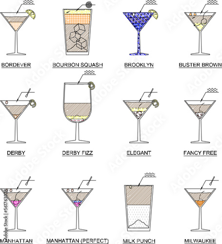  sketch vector illustration of cocktails of various flavors and ways of serving