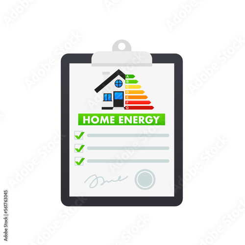 The concept of energy efficiency and home improvement in a stylish design. energy diagram for design concept. Document concept, contract with signature and stamp. Vector illustration