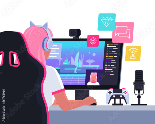 Cute gamer girl playing video games online and live streaming