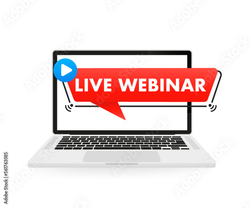 Live webinar button on laptop, icon, emblem. Live broadcast shortcut. Can be used for business, marketing and advertising. Isolated on white background. Banner in social networks. Vector illustration