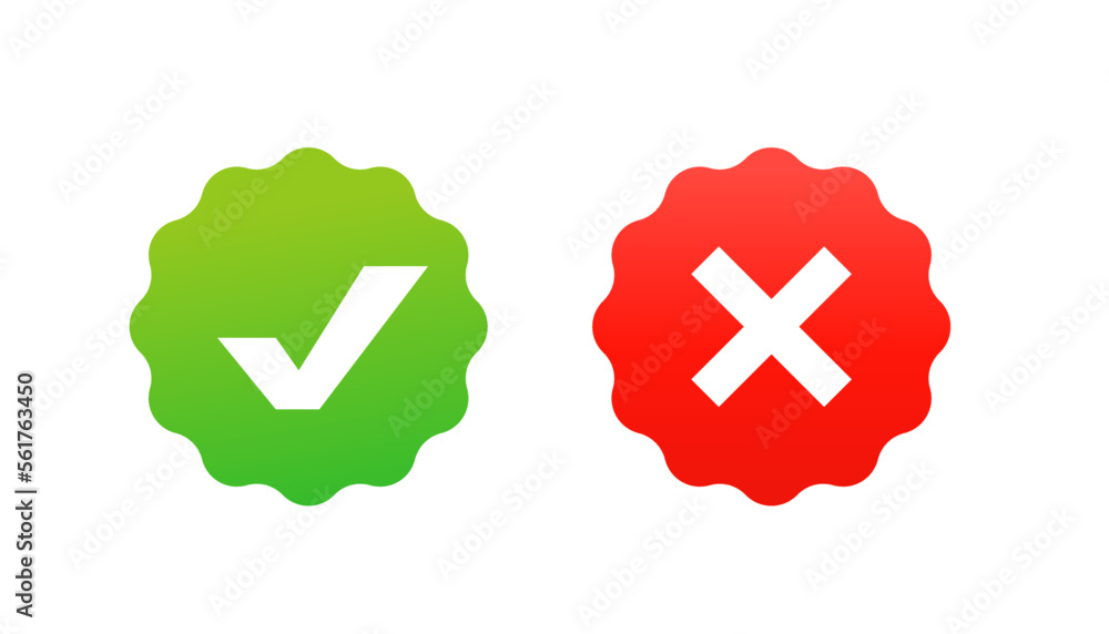 Green tick and red cross, negative symbol stickers.Tick and cross signs. Green check mark ON and red X icon. Symbols YES and NO button for vote, decision, web, logo, app, UI. Vector illustration Green tick and red cross, negative symbol stickers.Tick and cross signs. Green check mark ON and red X icon. Symbols YES and NO button for vote, decision, web, logo, app, UI. Vector illustration