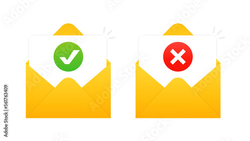 Envelope with confirmed and rejected letter. Concept of satisfactory and unsatisfactory results. Opened envelope and document with red stamp. Rejection email. Vector illustration