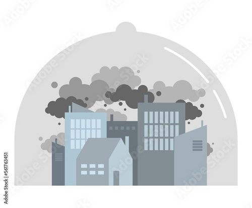 CO2 emission reduction greenhouse effect concept art. City full of carbon greenhouse fumes clouds under the glass dome isolated on white. Zero carbon footprint, air pollution, climate changes.
