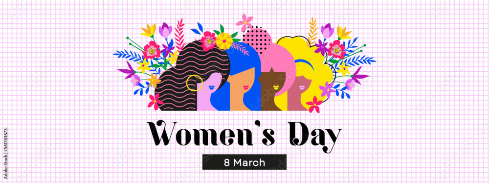 Happy women's day card with women of different ethnicities and cultures stand side by side together with flowers around them. Strong and brave girls support each other. Vector banner.