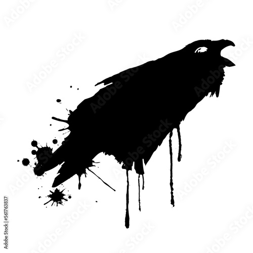 Vector black raven graffiti flat style with blobs and smudges. Hand-drawn trendy illustration isolated on white background.