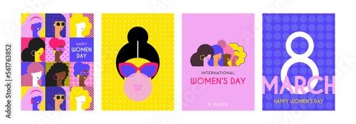 women's day greeting cards and posters. Happy women's day with women of different ethnicities and cultures stand side by side together Strong and brave girls support each other. Vector illustration