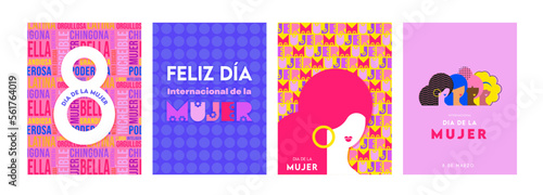women's day greeting cards and posters. women of different ethnicities and cultures stand side by side together Strong and brave girls support each other. happy women day in Spanish
