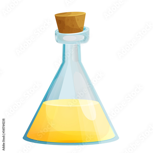 Vinegar in glass bottle with cork in cartoon style isolated on white background. Apple, wine liquid, dressing.
