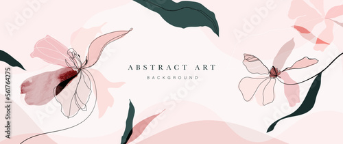 Abstract art background vector. Hand drawn watercolor flowers and line art painting minimal style background. Art design illustration for wallpaper, poster, banner card, print, web and packaging. 