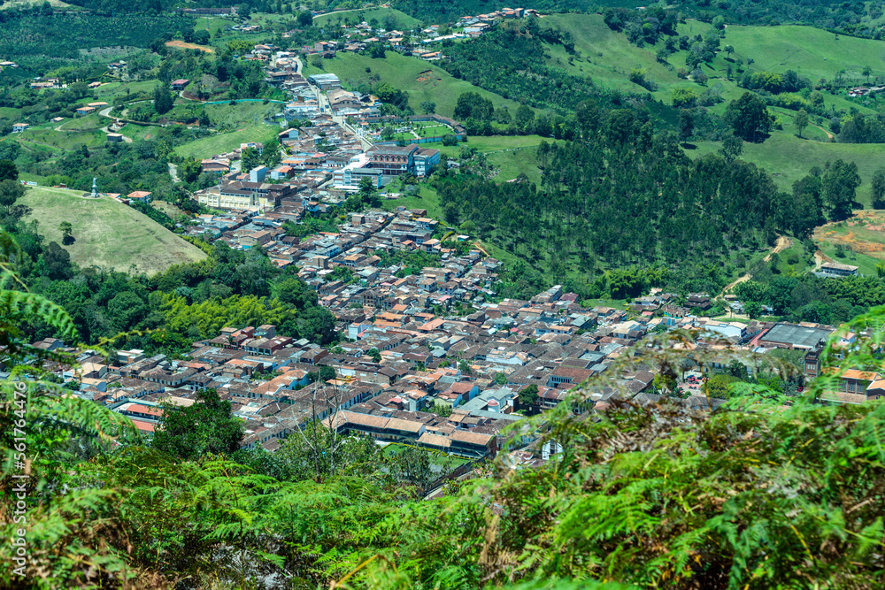 Wide panorama of the colonial village (pueblo) of Jerico (Jericó), Antioquia, Colombia, in the Andes Mountains. From the Cerro las Nubes (Mount of the Clouds).