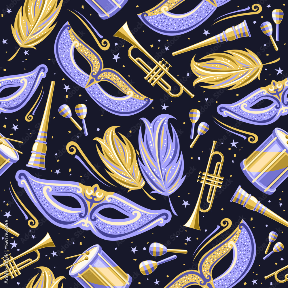 Vector Carnival seamless pattern, square repeat background with purple