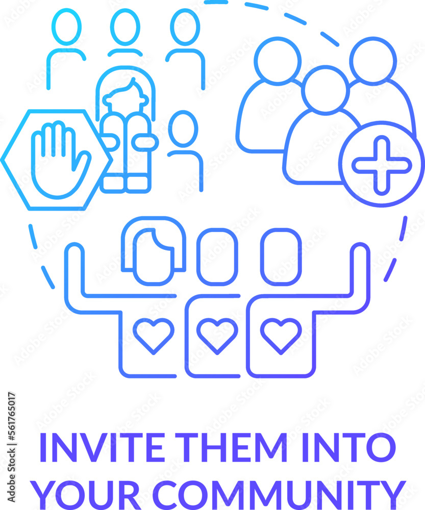 Invite them into your community blue gradient concept icon. Embrace inclusion. Support LGBTQ seniors abstract idea thin line illustration. Isolated outline drawing. Myriad Pro-Bold font used Invite them into your community blue gradient concept icon. Embrace inclusion. Support LGBTQ seniors abstract idea thin line illustration. Isolated outline drawing. Myriad Pro-Bold font used