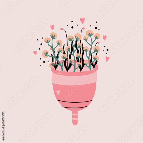 Menstrual cup with flowers and leaves. Eco protection for menstrual period in critical days. Intimate hygiene health for vagina. Hand Drawn vector illustration