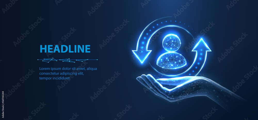 Customer support. Client icon on hand isolated on blue. All inclusive customer care, client servise, employee retention, human resourse - obrazy, fototapety, plakaty 