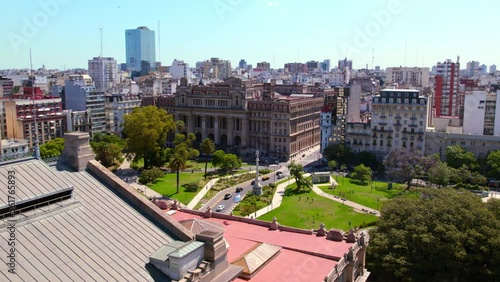 Drone shot, aerial view of the Argentine flag with Lavalle square and the TSJ Supreme Court of Justice, Buenos Aires microcenter photo