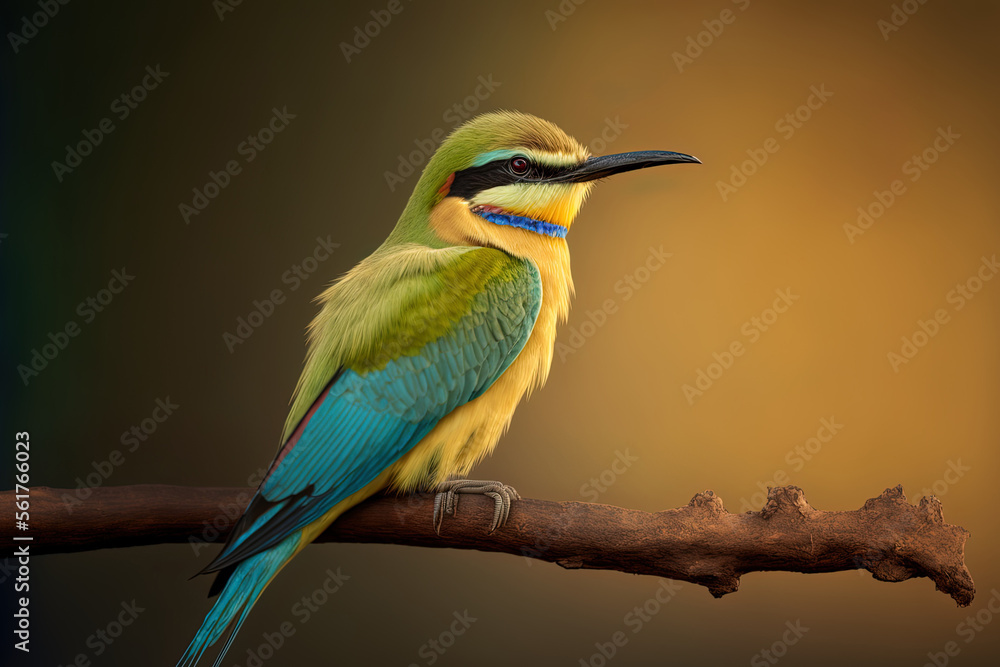 Obraz premium Colorful blue tailed bee eater perched on a broken twig side view close up portraiture shot. beautiful bird isolated against a dark soft background. Bird facing the warm evening light. Generative AI