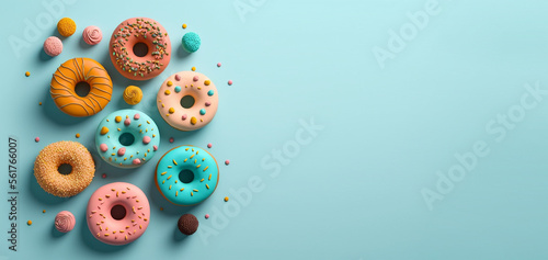 Donuts of different colors on a blue background. Created with generative Ai technology.