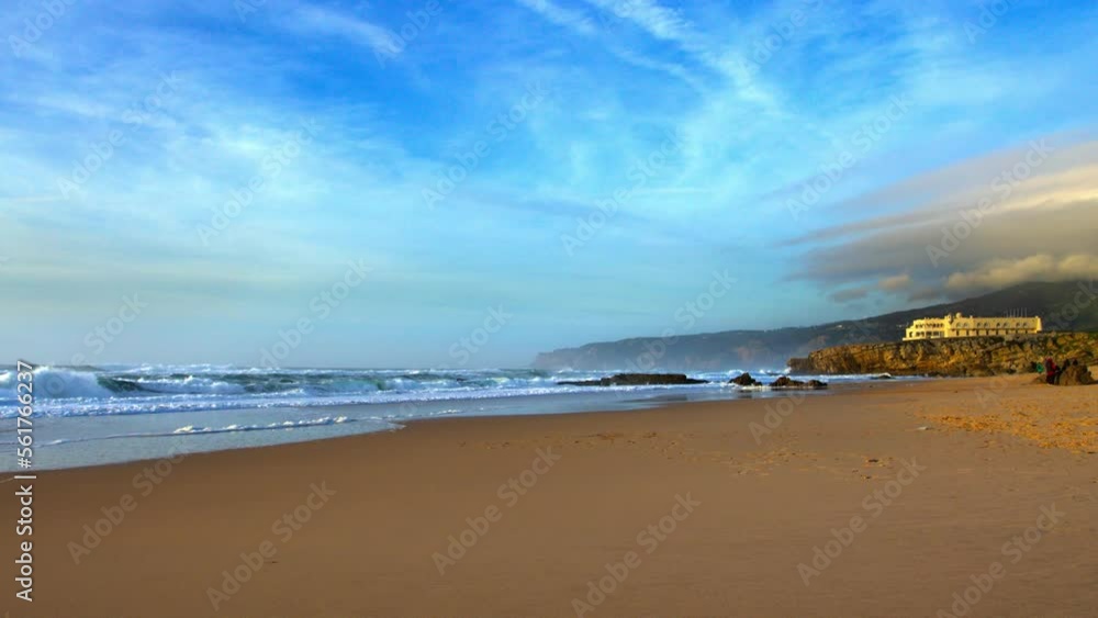 Guincho Beach near Cascais Sintra Estoril in Europe during beautiful vivid Sunset color Atlantic Ocean wide angle Guincho Beach near Cascais Sintra Estoril in Europe during beautiful vivid Sunset color Atlantic Ocean wide angle