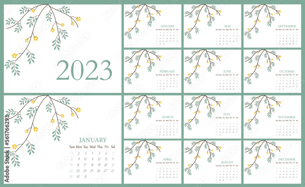 Calendar 2023. calendar template on green background. Designed with flowers. week starts on sunday