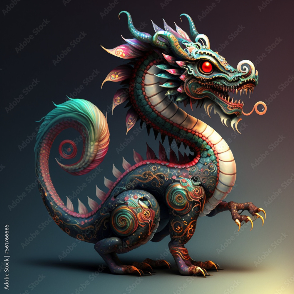 Colorful, cute, magic fantasy chineese dragon illustration