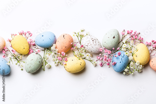 Easter composition of colorful quail eggs and spring flowers over white background. Springtime holidays concept with copy space. Top view