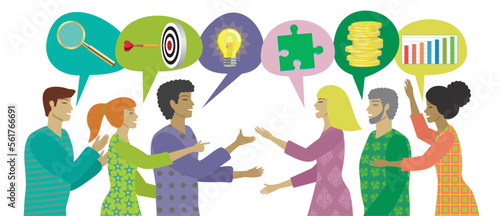 A group of people with variation i ethnicity, age and sex in communication about plan. Speech bubbles with symbols for strategy and competense. Vector illustration. 