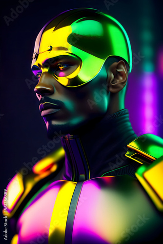 Mensch - Maschine. Cyborg - Man. Oberkörper eines Mannes mit kybernetischen Implantaten. Ultrabunte Darstellung einer möglichen Zukunft. 3D Ai 