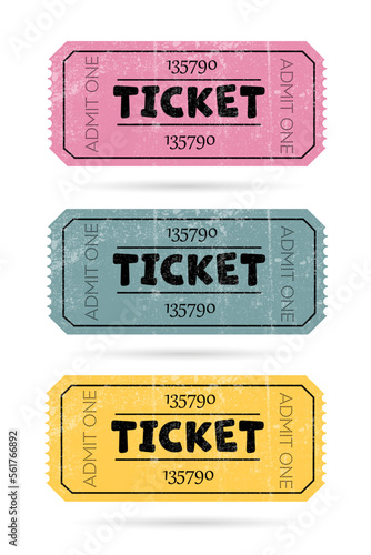 Admit one ticket set isolated on white background. Colorful vector illustration of cinema or theater retro ticket.