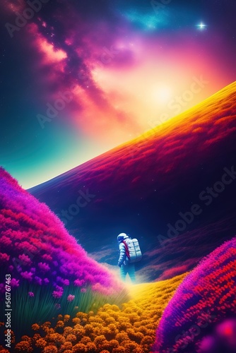 Astronaut walking along the flower valley