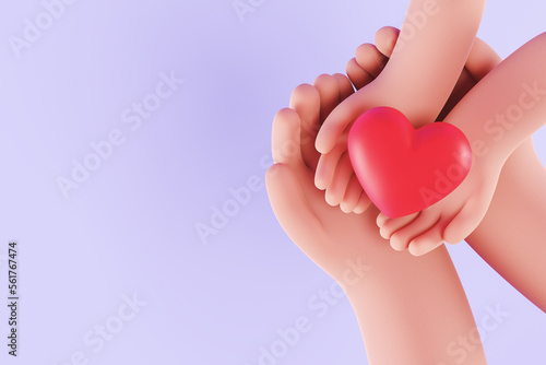 3d icon red heart in hand. cartoon arm holding gesture hand give red heart. Realistic illustration of donation love or charity for appreciation social media isolated on purple background. 3d rendering