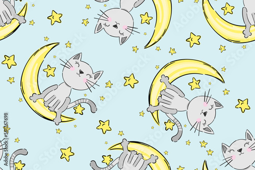 Seamless childish pattern with funny cats on moon and stars. Creative kids hand drawn texture for fabric, wrapping, textile, wallpaper, apparel. Vector illustration