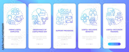 Creating LGBTQ inclusive workplace blue gradient onboarding mobile app screen. Walkthrough 5 steps graphic instructions with linear concepts. UI, UX, GUI template. Myriad Pro-Bold, Regular fonts used