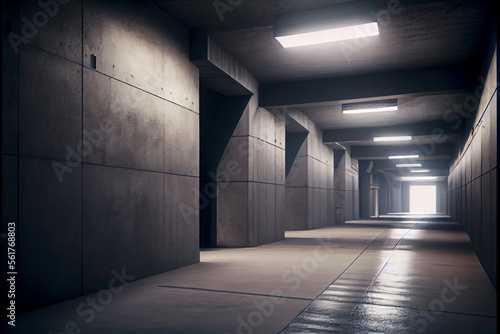 Hangar Garage cement, empty, with neon. Tunnel corridor. Generated with AI technology.