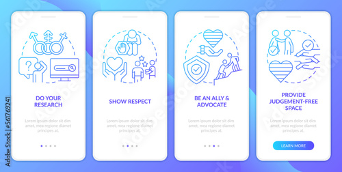 Supporting gender identity blue gradient onboarding mobile app screen. Walkthrough 4 steps graphic instructions with linear concepts. UI, UX, GUI template. Myriad Pro-Bold, Regular fonts used